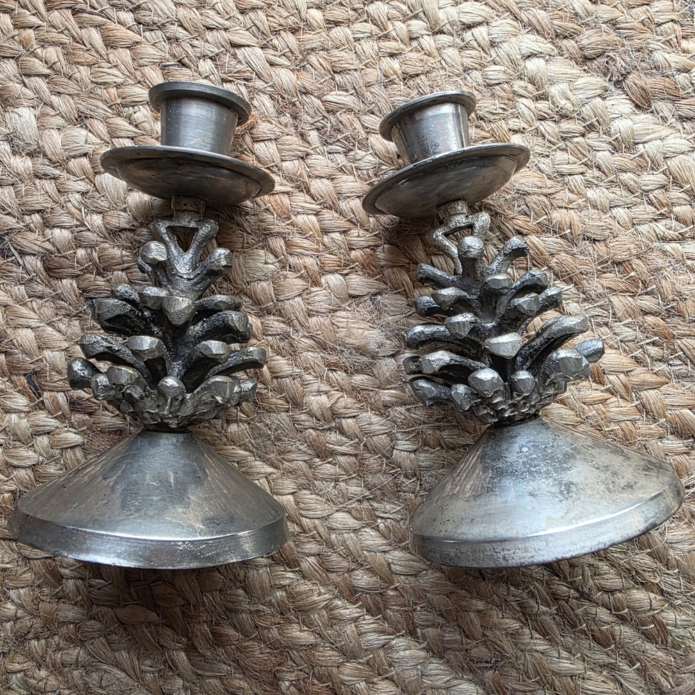 Set of Two Silver Pinecone Metal Candle Holders